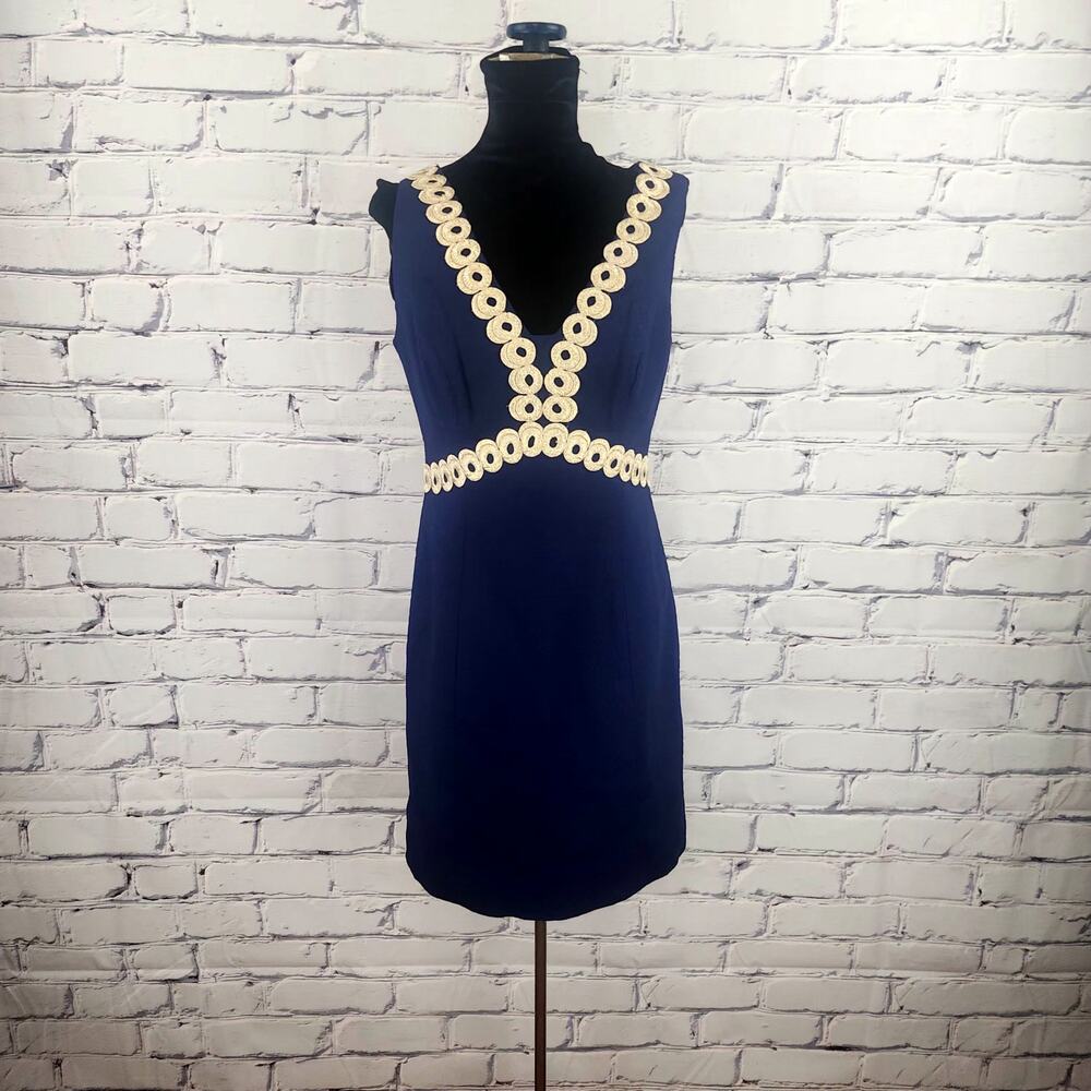 Lily Pulitzer Esme Dress Womens 2 100% Cotton True Navy Fun Flirty Metalic Trim - Picture 2 of 9